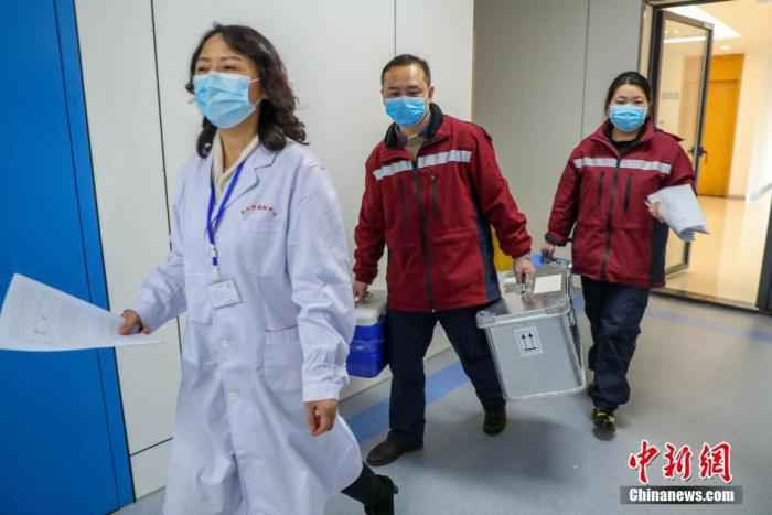 2月4日,武汉市疾控中心检测组工作人员进行病毒检测。武汉市疾控中心是该市首批获准开展新型冠状病毒核酸检测的机构之一。位于该中心病原生物检验所的生物安全二级实验室(P2实验室)则是“绝对禁区”。图为卫生防疫工作人员将送检标本拿进实验室。 探访武汉病原检测实验室:24小时值守让病毒无处遁形